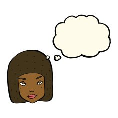 cartoon annoyed female face with thought bubble N7