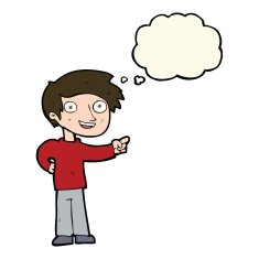 cartoon man pointing with thought bubble N143