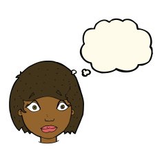 cartoon worried female face with thought bubble N7