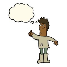 cartoon positive thinking man in rags with thought bubble N6