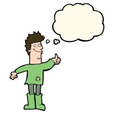 cartoon positive thinking man in rags with thought bubble N7