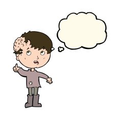 cartoon boy with growth on head thought bubble N29