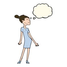 cartoon woman in dress with thought bubble N31