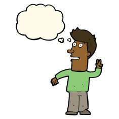 cartoon man making peace sign with thought bubble N6
