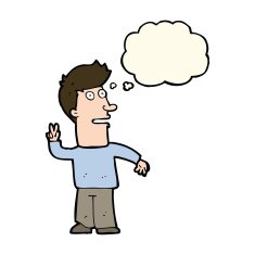 cartoon man making peace sign with thought bubble N7