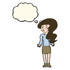 cartoon woman shrugging shoulders with thought bubble N370