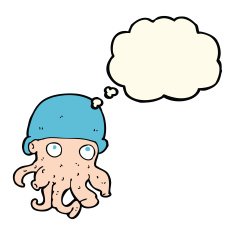 cartoon alien head wearing hat with thought bubble N8