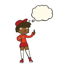 cartoon skater girl giving thumbs up symbol with thought bubble N6