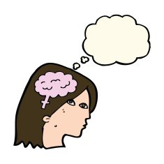 cartoon female head with brain symbol thought bubble N16