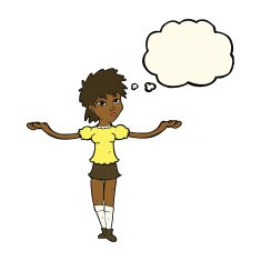 cartoon woman shrugging shoulders with thought bubble N371
