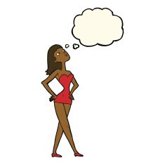 cartoon woman in party dress with thought bubble N6