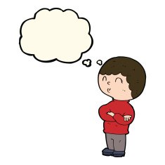 cartoon boy with folded arms thought bubble N15