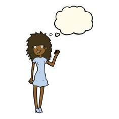 cartoon happy woman waving with thought bubble N6