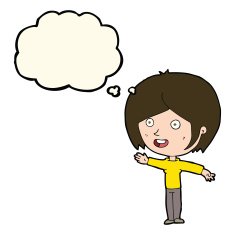 cartoon happy girl waving with thought bubble N8