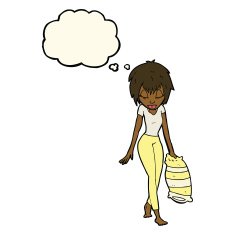 cartoon woman going to bed with thought bubble N6