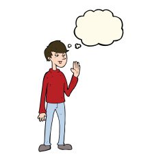 cartoon waving man with thought bubble N31