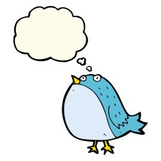 cartoon fat bird with thought bubble N25