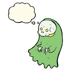 cartoon spooky ghoul with thought bubble N7
