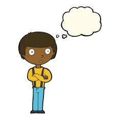 cartoon staring boy with folded arms thought bubble N7