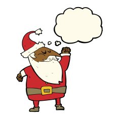cartoon santa claus punching air with thought bubble N13