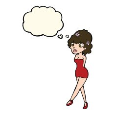 cartoon woman posing in dress with thought bubble N24