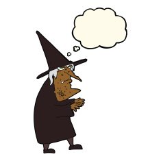 cartoon ugly old witch with thought bubble N6