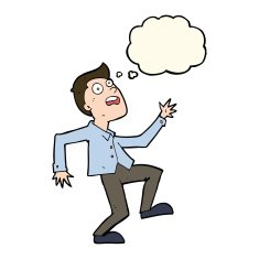 cartoon man panicking with thought bubble N42