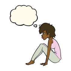 cartoon woman sitting with thought bubble N14