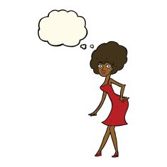cartoon woman posing in dress with thought bubble N29