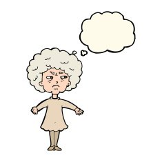 cartoon bitter old woman with thought bubble N14