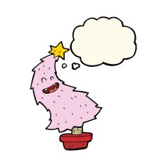 cartoon dancing christmas tree with thought bubble N12