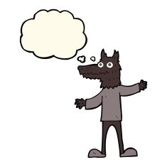cartoon wolf man with thought bubble N32