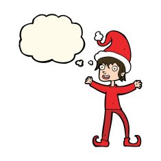 cartoon excited christmas elf with thought bubble N6