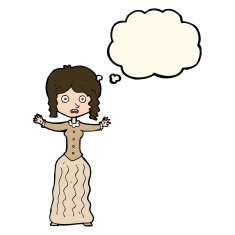 cartoon worried victorian woman with thought bubble N6