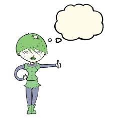 cartoon vampire girl giving thumbs up symbol with thought bubble N8