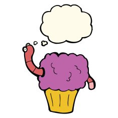 cartoon worm in cupcake with thought bubble N7