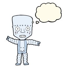 cartoon robot with thought bubble N128