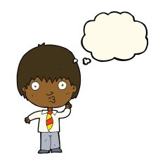 cartoon school boy answering question with thought bubble N38