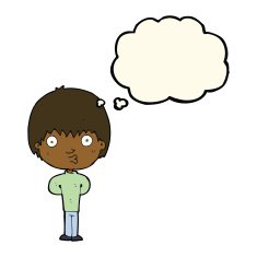cartoon whistling boy with thought bubble N7