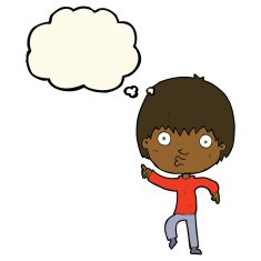 cartoon impressed boy pointing with thought bubble N7