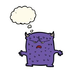 cartoon little alien with thought bubble N7