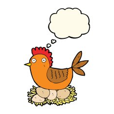 cartoon hen on eggs with thought bubble N7