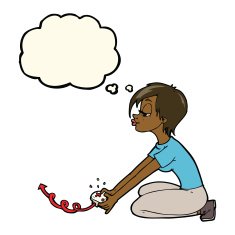 cartoon girl playing computer games with thought bubble N7