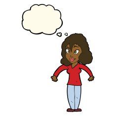 cartoon woman shrugging shoulders with thought bubble N387