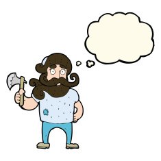 cartoon lumberjack with axe thought bubble N8