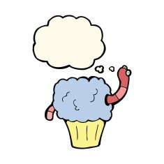 cartoon worm in cupcake with thought bubble N8