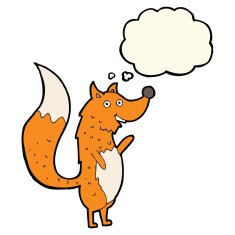 cartoon waving fox with thought bubble N10