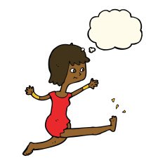 cartoon happy woman kicking with thought bubble N6