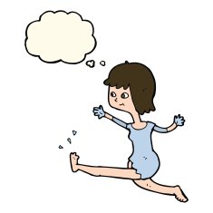 cartoon happy woman kicking with thought bubble N7