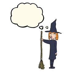 cartoon witch with thought bubble N6